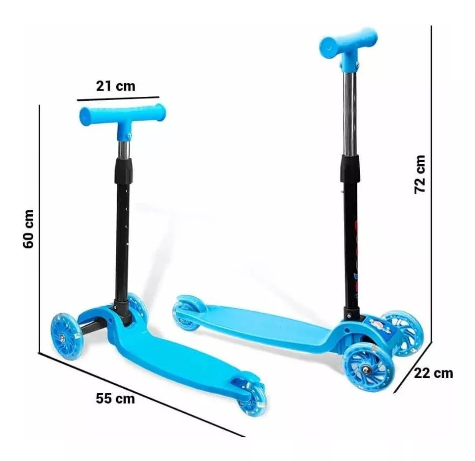 Scooter Monopatín Niños Regulable Luces LED Freno Celeste