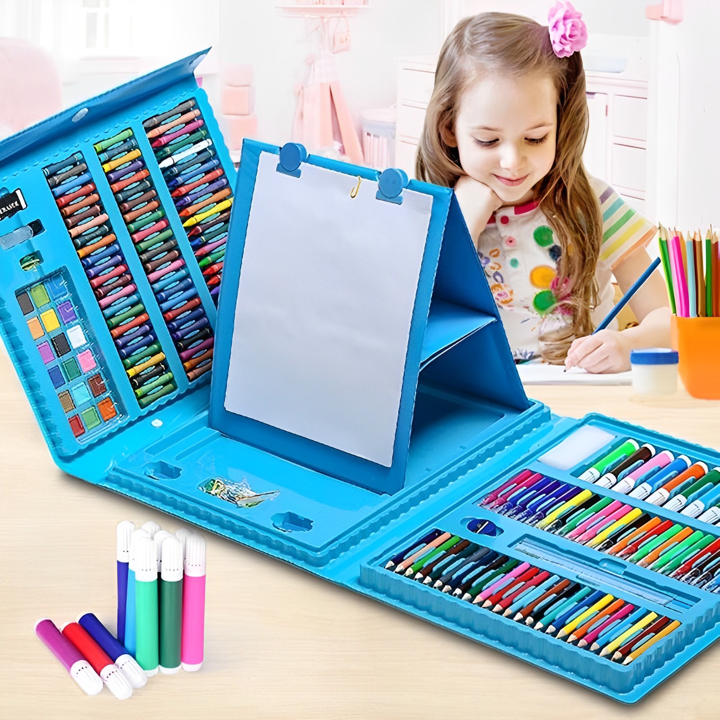 Maleta Set Arte Niños 208 Piezas Dibujo Portátil Celeste