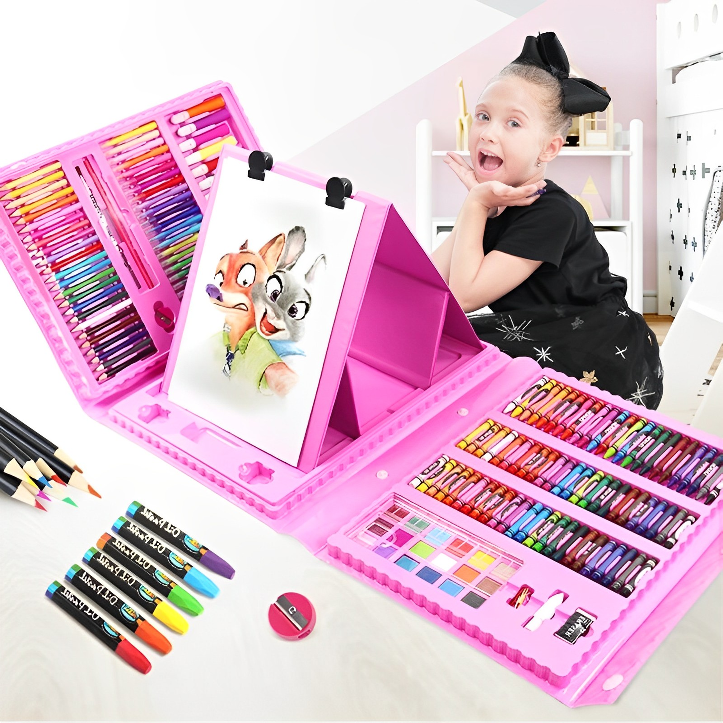 Maleta Set Arte Niños 208 Piezas Dibujo Portátil Rosado