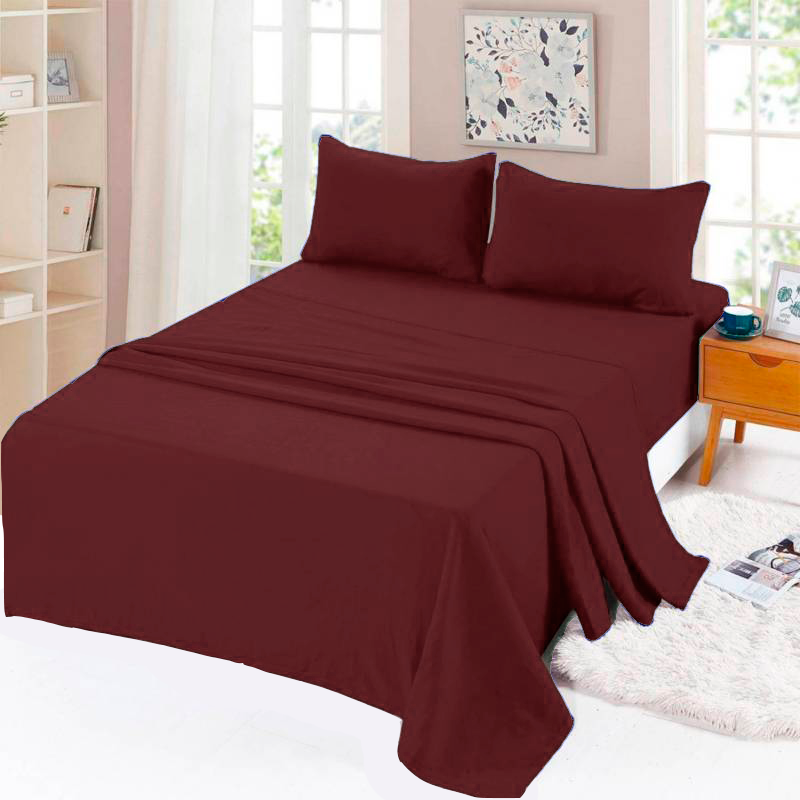 Juego Sábanas 2 Plazas Algodón Poliéster Suaves Burdeo