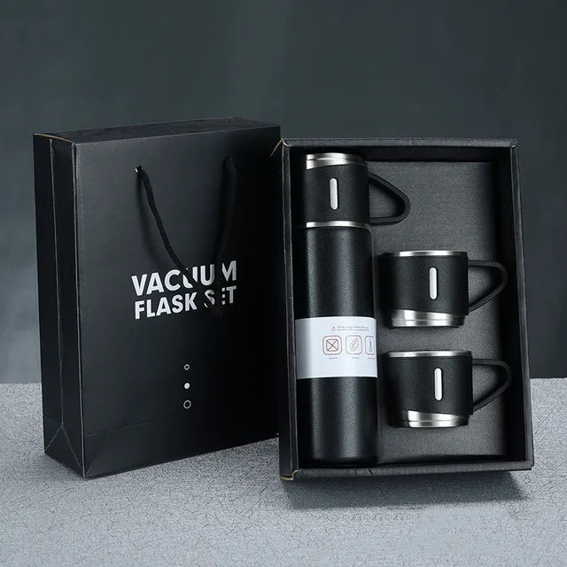 Set Termo Inox 500ml + 3 Tazas Portatil en Caja Negro