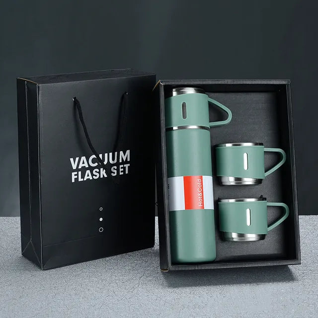 Set Termo Inox 500ml + 3 Tazas Portatil en Caja Verde