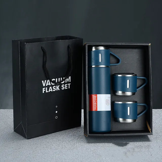 Set Termo Inox 500ml + 3 Tazas Portatil en Caja Azul