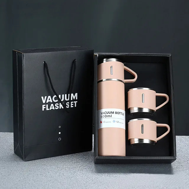 Set Termo Inox 500ml + 3 Tazas Portatil en Caja Rosado