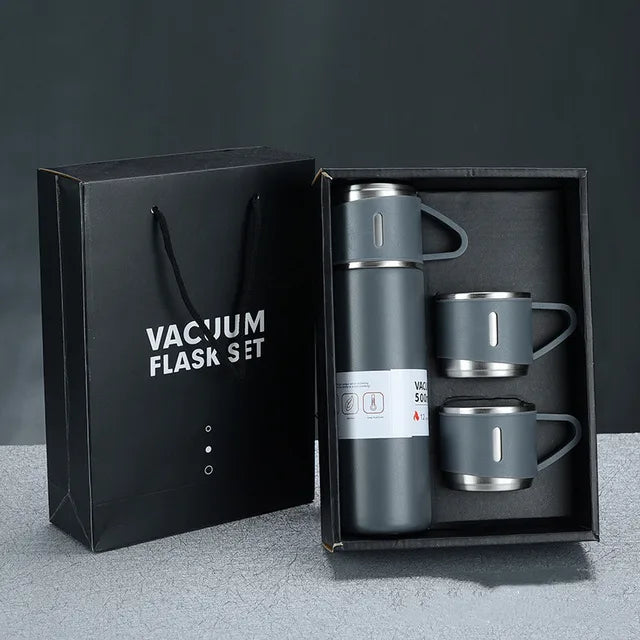 Set Termo Inox 500ml + 3 Tazas Portatil en Caja Gris