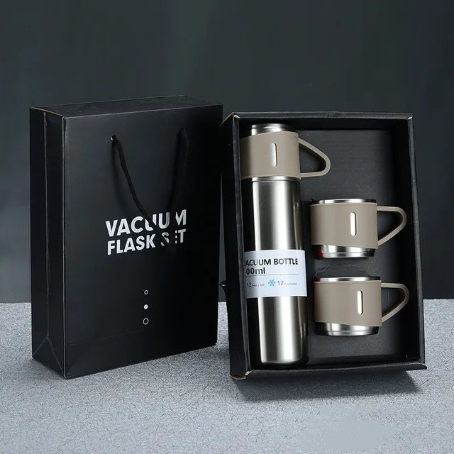 Set Termo Inox 500ml + 3 Tazas Portatil en Caja Plateado