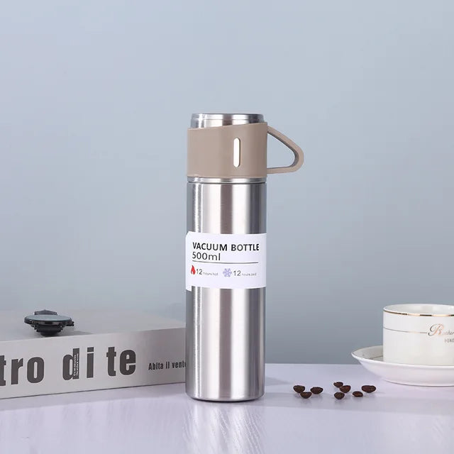 Set Termo Inox 500ml + 3 Tazas Portatil en Caja Plateado