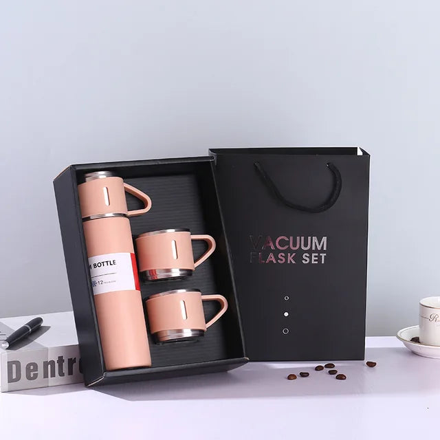 Set Termo Inox 500ml + 3 Tazas Portatil en Caja Rosado