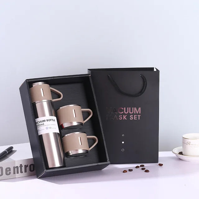 Set Termo Inox 500ml + 3 Tazas Portatil en Caja Plateado