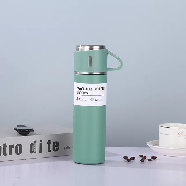 Set Termo Inox 500ml + 3 Tazas Portatil en Caja Verde