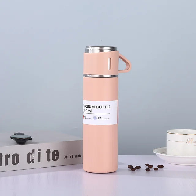 Set Termo Inox 500ml + 3 Tazas Portatil en Caja Rosado