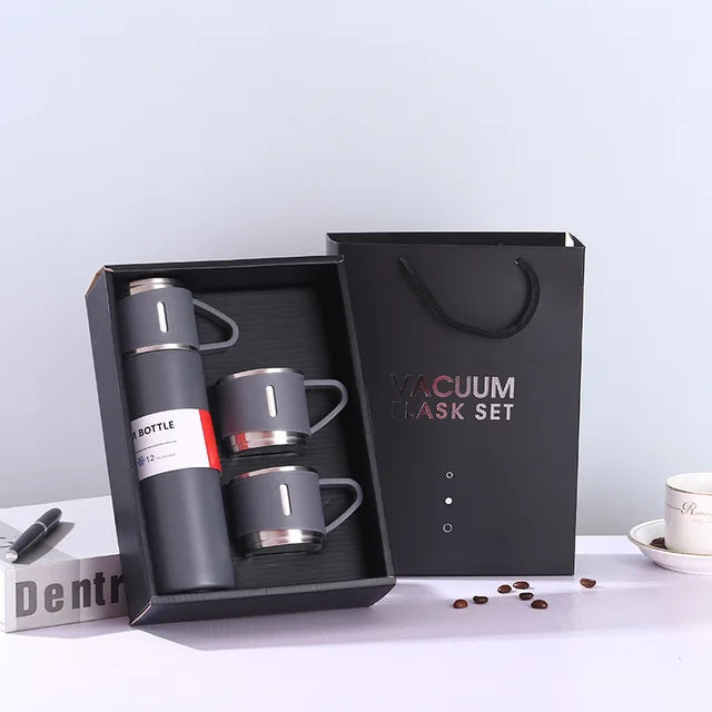 Set Termo Inox 500ml + 3 Tazas Portatil en Caja Gris