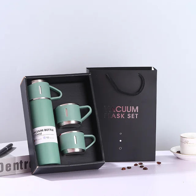 Set Termo Inox 500ml + 3 Tazas Portatil en Caja Verde