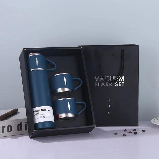 Set Termo Inox 500ml + 3 Tazas Portatil en Caja Azul