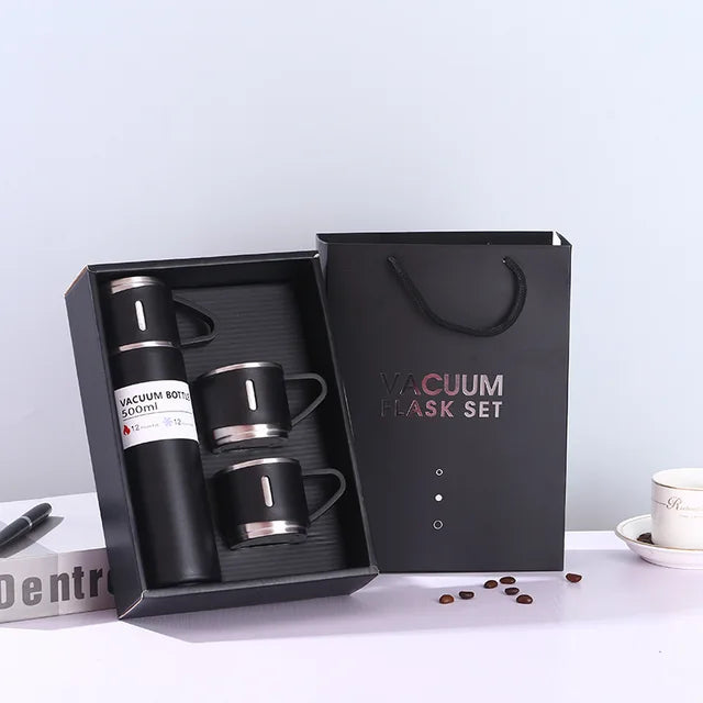 Set Termo Inox 500ml + 3 Tazas Portatil en Caja Negro