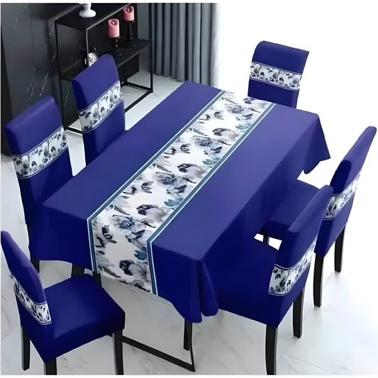 Set Mantel y 6 Fundas Sillas Pack 7 Pzas Elegante Azul