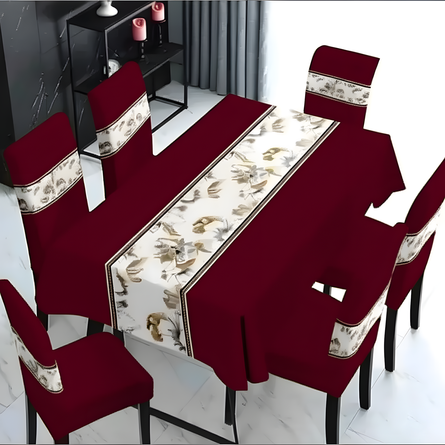 Set Mantel y 6 Fundas Sillas Pack 7 Pzas Elegante Burdeo