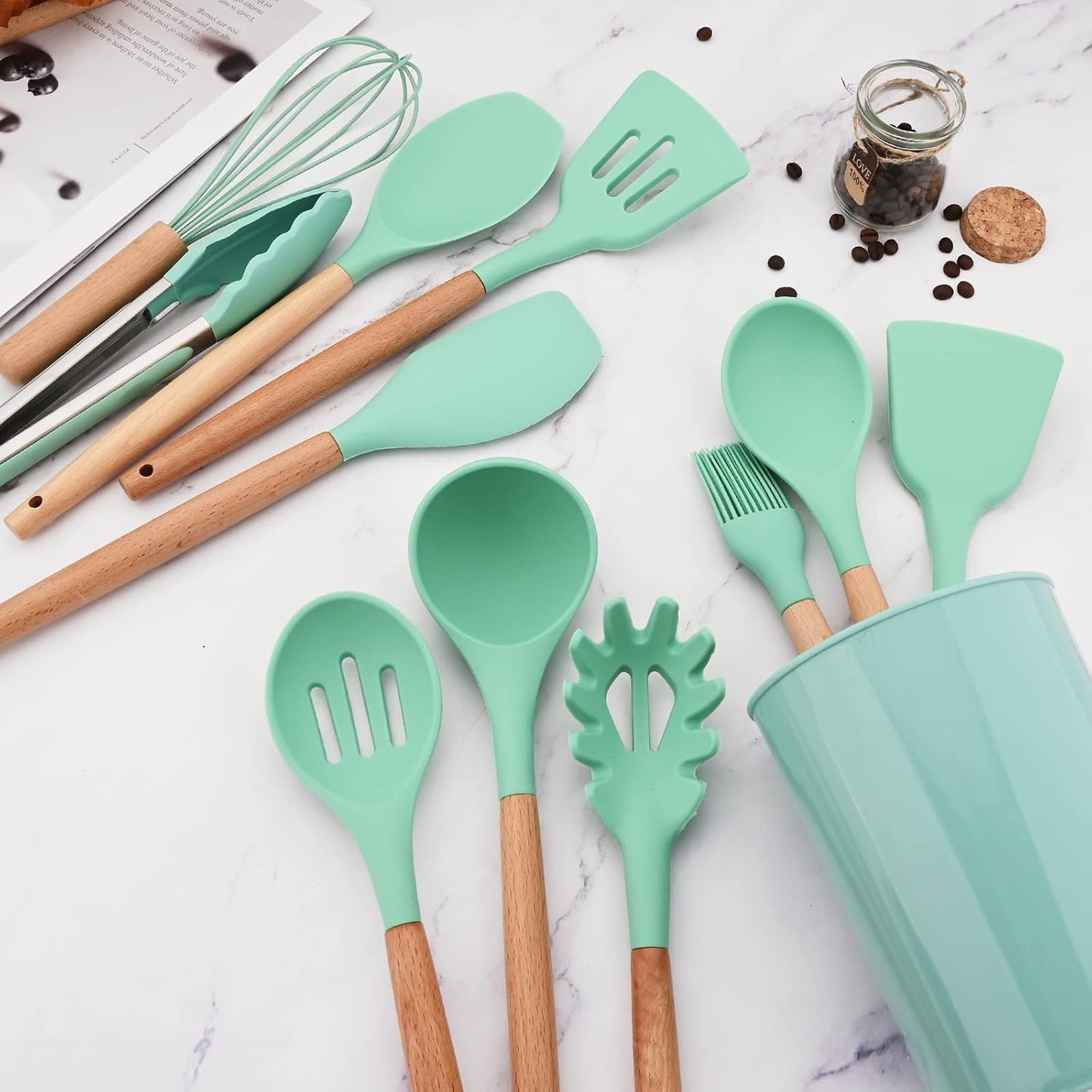Set 12 Utensilios Cocina Silicona/Madera Premium Verde