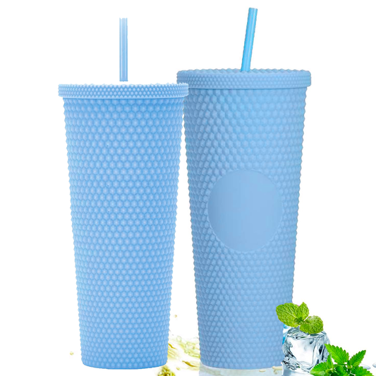 Pack 2 Vasos Tipo Starbucks 700+1000ml Bombilla Celeste