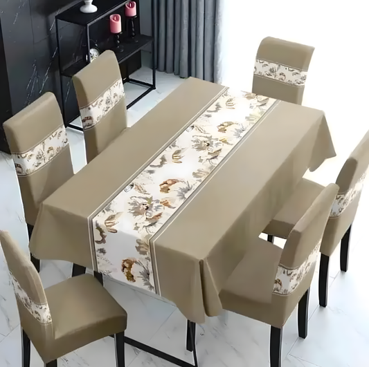 Set Mantel y 6 Fundas Sillas Pack 7 Pzas Elegante Crema