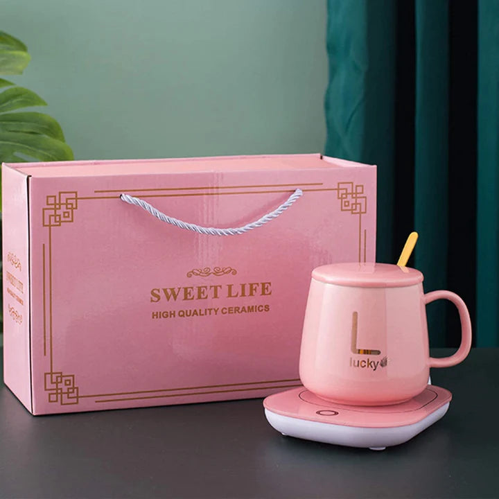 Taza C/ Calentador Eléctrico + Cuchara y Caja Rosada