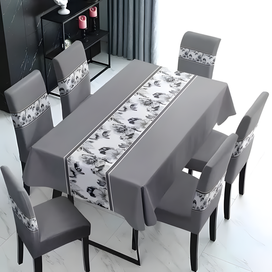 Set Mantel y 6 Fundas Sillas Pack 7 Pzas Elegante Gris