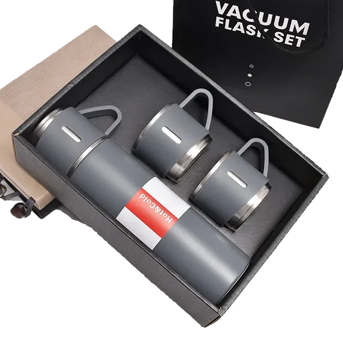 Set Termo Inox 500ml + 3 Tazas Portatil en Caja Gris