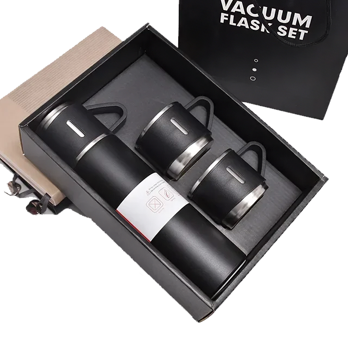 Set Termo Inox 500ml + 3 Tazas Portatil en Caja Negro
