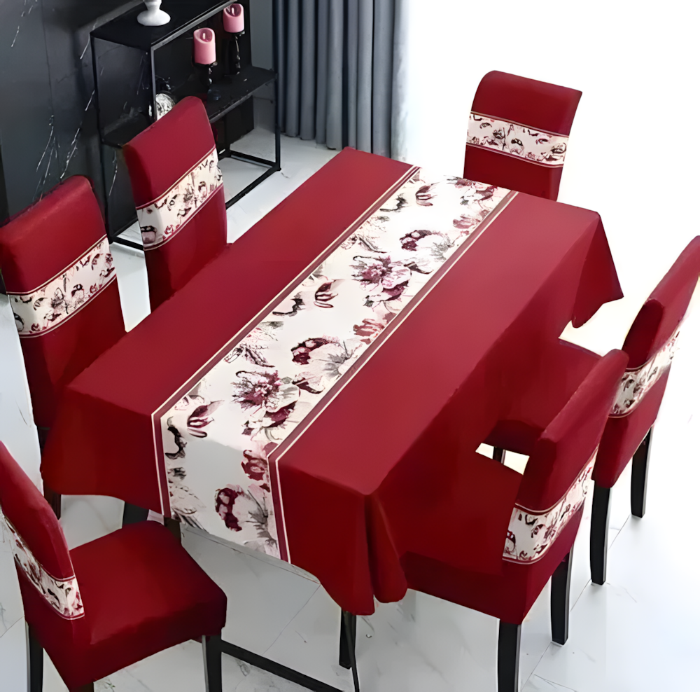 Set Mantel y 6 Fundas Sillas Pack 7 Pzas Elegante Rojo