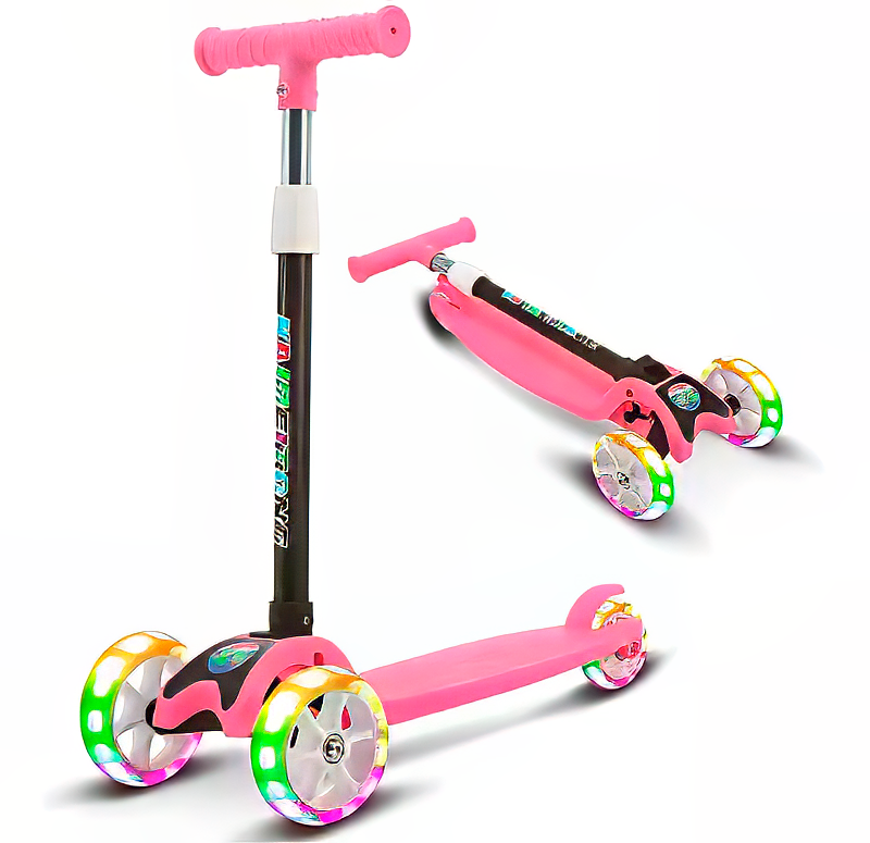 Scooter Monopatín Niños Regulable Luces LED Freno Rosado