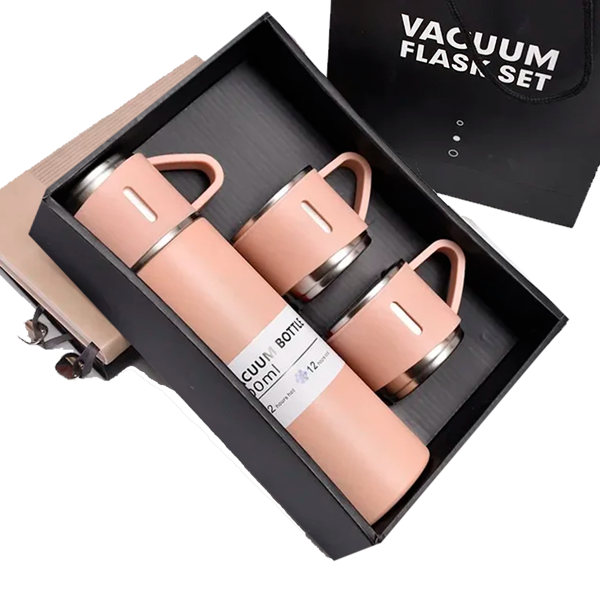 Set Termo Inox 500ml + 3 Tazas Portatil en Caja Rosado