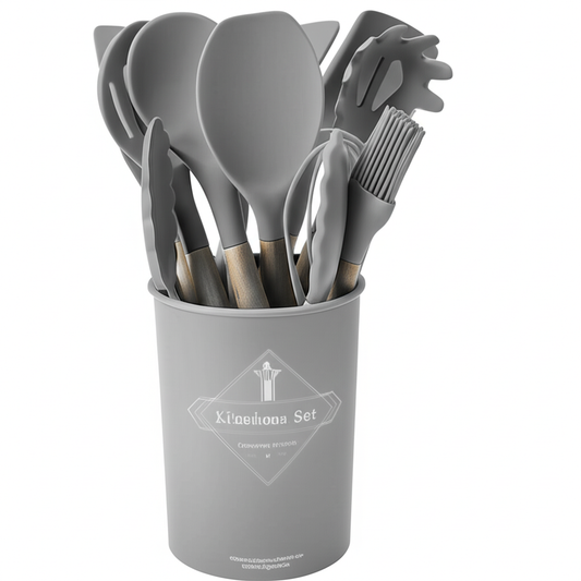 Set 12 Utensilios Cocina Silicona/Madera Premium Gris