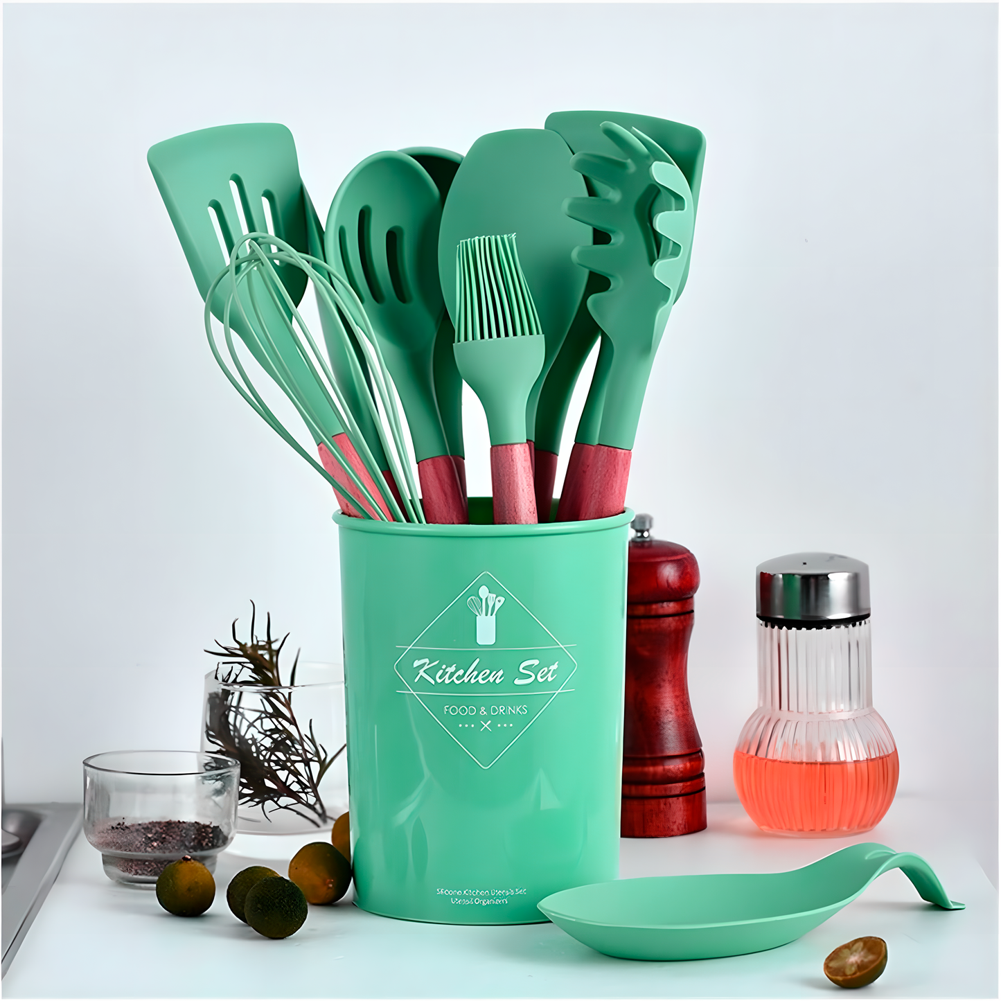 Set 12 Utensilios Cocina Silicona/Madera Premium Verde