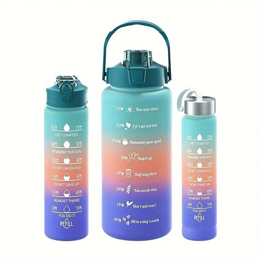 Pack 3 en 1 de Botellas de Agua Motivacionales Colores , 2 Litros, 900 ml, 300 ml
