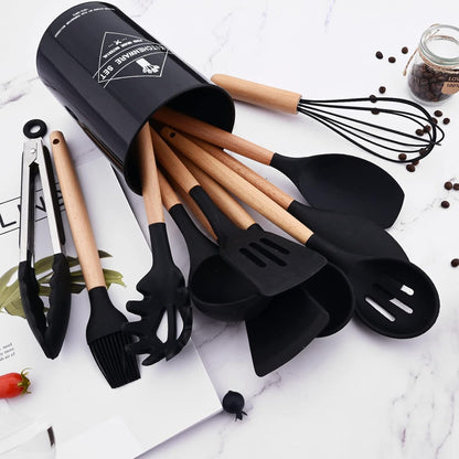 Set 12 Utensilios Cocina Silicona/Madera Premium Negro