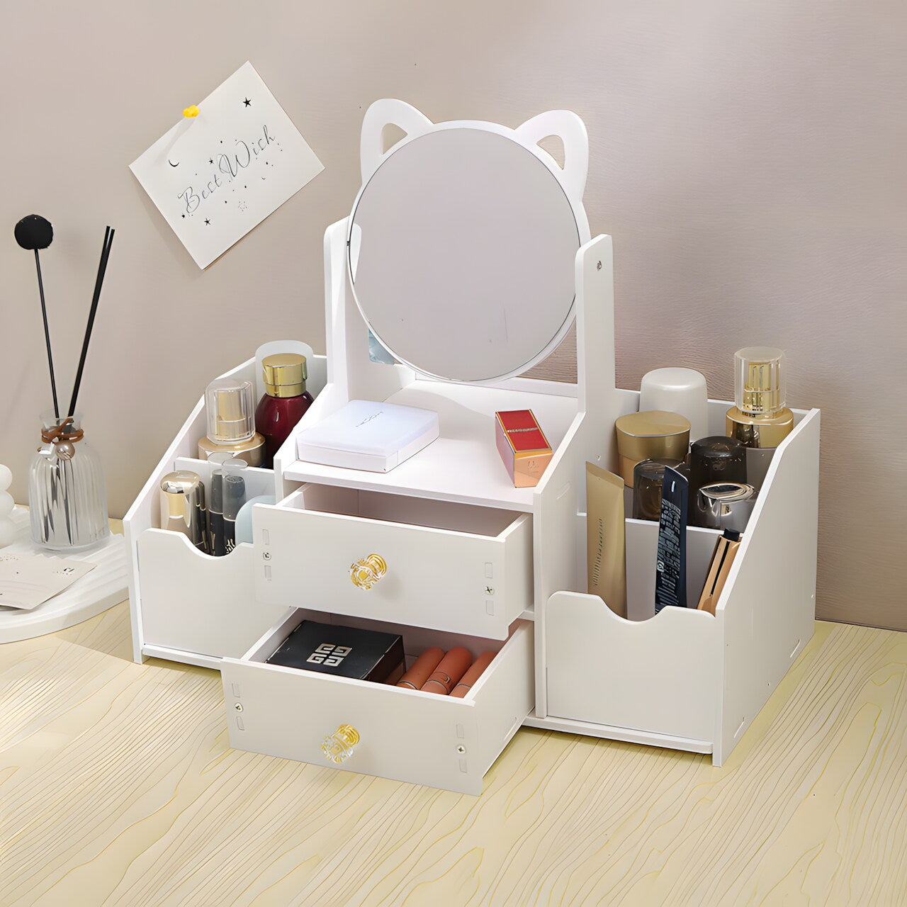 Organizador Maquillaje Multifuncional Espejo Cajón Gatito