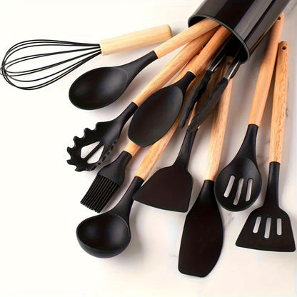 Set 12 Utensilios Cocina Silicona/Madera Premium Negro