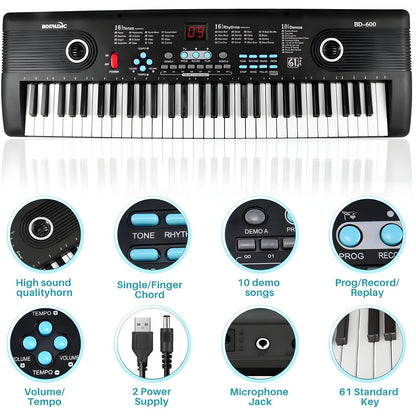 Teclado piano electrónico 61 teclas con micrófono