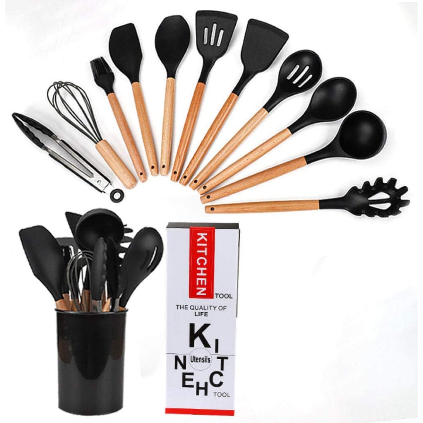 Set 12 Utensilios Cocina Silicona/Madera Premium Negro