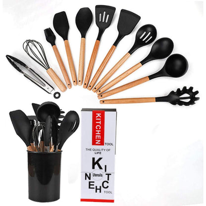 Set 12 Utensilios Cocina Silicona/Madera Premium Negro