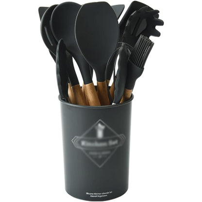 Set 12 Utensilios Cocina Silicona/Madera Premium Negro