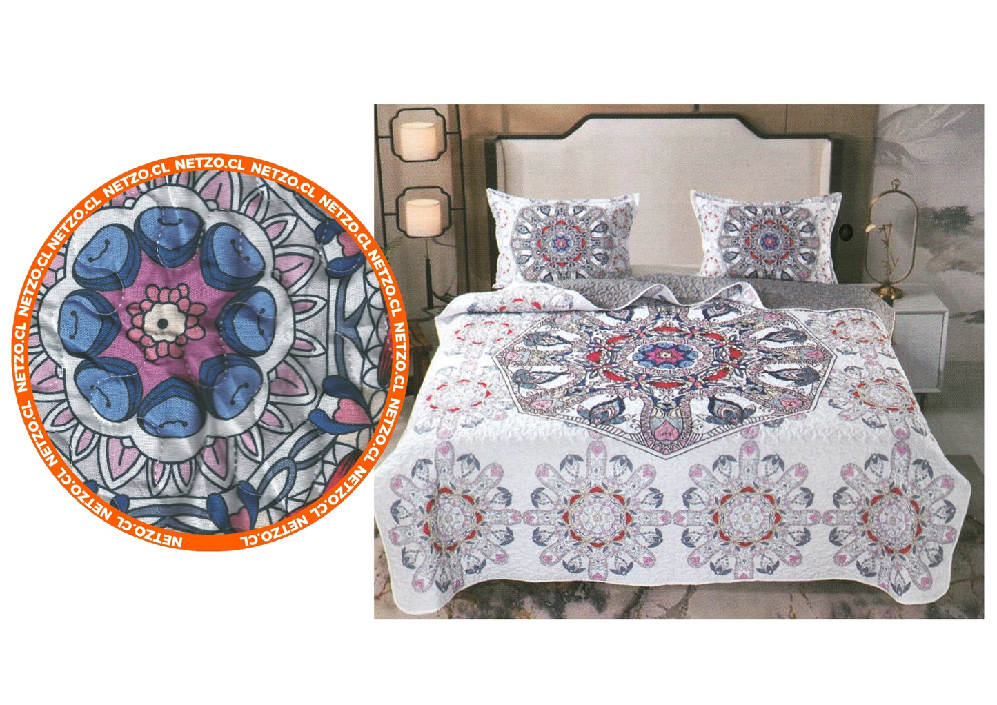 Cubrecama Cobertor Quilt 2 Plazas Con 2 Fundas , Diseños Mándala