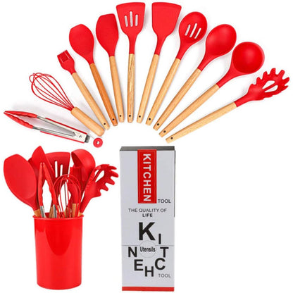 Set 12 Utensilios Cocina Silicona/Madera Premium Rojo
