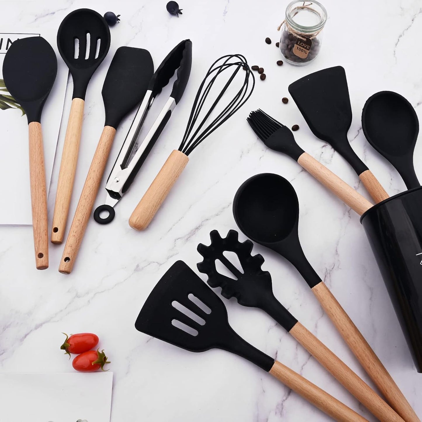 Set 12 Utensilios Cocina Silicona/Madera Premium Negro