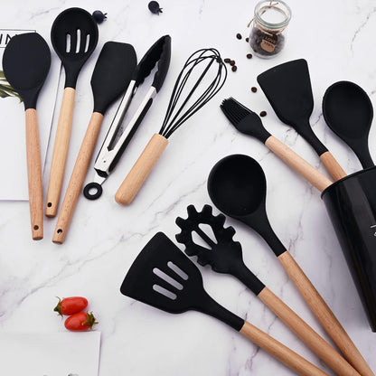 Set 12 Utensilios Cocina Silicona/Madera Premium Negro