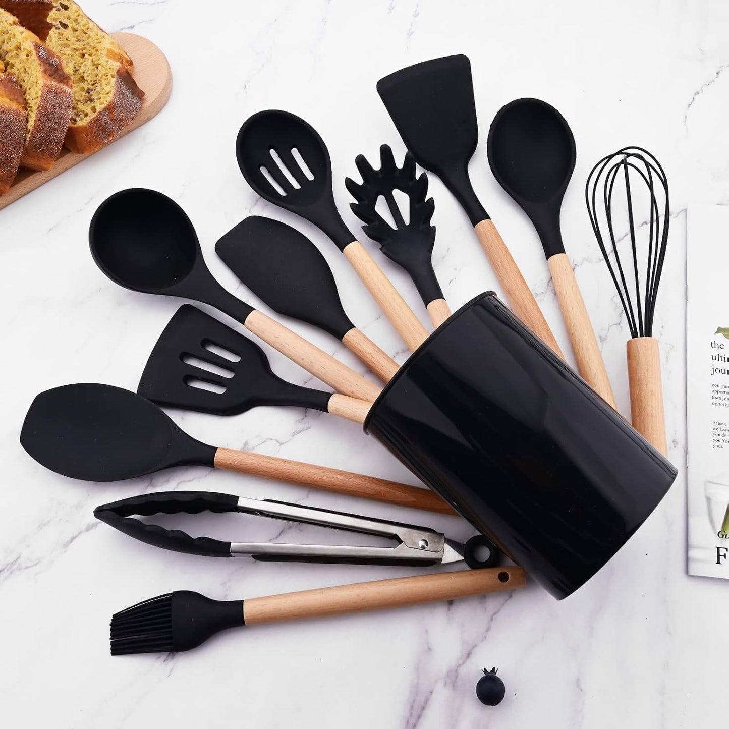 Set 12 Utensilios Cocina Silicona/Madera Premium Negro