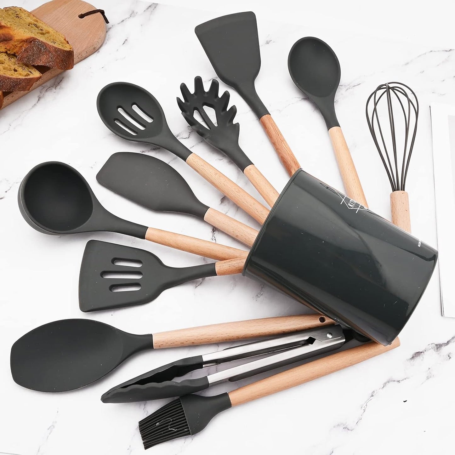 Set 12 Utensilios Cocina Silicona/Madera Premium Negro