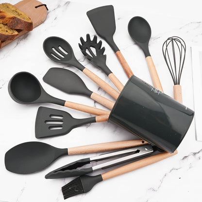 Set 12 Utensilios Cocina Silicona/Madera Premium Negro