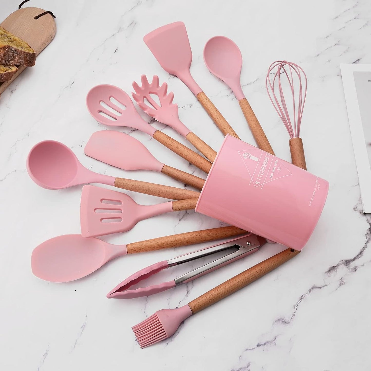 Set 12 Utensilios Cocina Silicona/Madera Premium Rosado