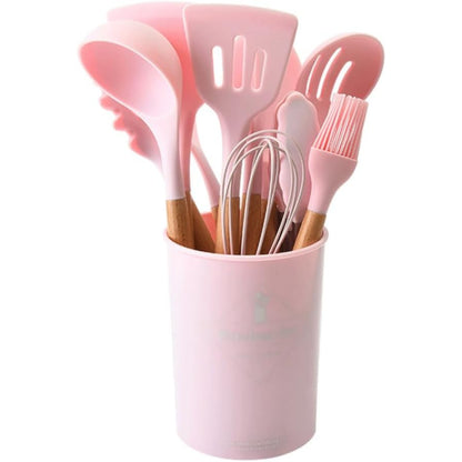 Set 12 Utensilios Cocina Silicona/Madera Premium Rosado